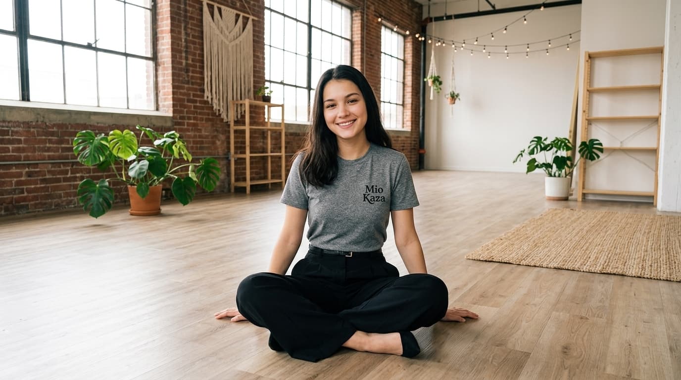 A person in a Mio Kaza t-shirt sitting in a sunlit Austin studio with brick walls and plants.