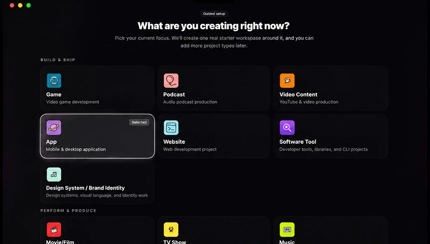 KazaKit guided setup asking what you are creating right now, with project types grouped under Build & Ship and Perform & Produce
